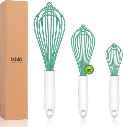 OYV Teal Silicone Whisk, Sealed Waterproof Design Set of 3, Professional Kitchen Whisks for Cooking Non-Scratch, Silicone&Stainless Steel Whisk, Heat Resistant 480°F Rubber wisk, BPA free by OYV