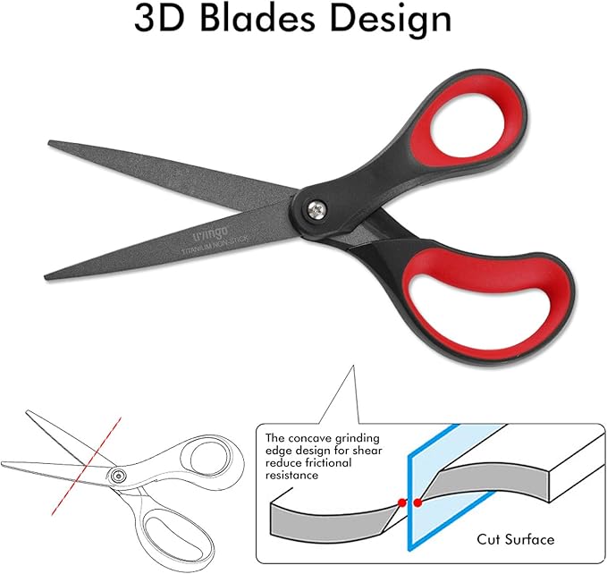 LIVINGO 2 Pack 8" Titanium Non-Stick Scissors, Professional Stainless Steel Comfort Grip, All-Purpose, Straight Office Craft Scissors for DIY(Red/Black) - Image 5