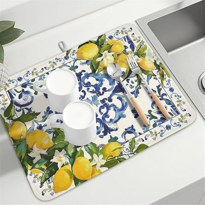 Lemon Dish Drying Mat 24x18 Inch, Blue Tiles Drying Mat with Absorbent Reversible Microfiber, Italian Olive Tree Dish Drainer Mats Summer Rack Pad for Coffee Countertop Kitchen Protector