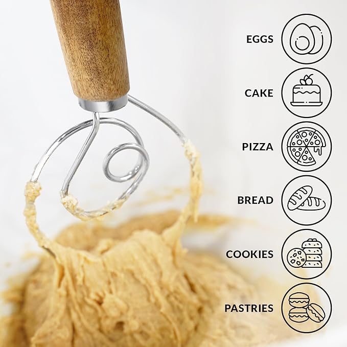Zulay Kitchen 13-Inch Danish Dough Whisk - Stainless Steel Wooden Whisk with Dough Hook - Sourdough Whisk for Bread, Pizza, Pastry, Cake Batter & More - 2 Pack Acacia - Image 6