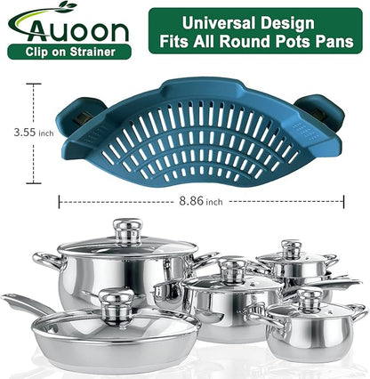 AUOON Clip On Strainer Silicone for All Pots and Pans, Pasta Strainer Clip on Food Strainer for Meat Vegetables Fruit Silicone Kitchen Colander (Fog Blue) - Image 4