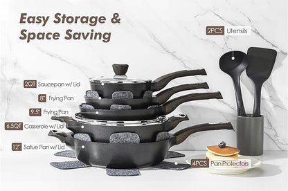 SENSARTE Pots and Pans Set Non stick, Non toxic Healthy Induction Cookware Sets, 14 Pcs Non Stick Kitchen Cooking Set with Frying Pans Set & Saucepan, PFOA PFOS Free, Black - Image 3