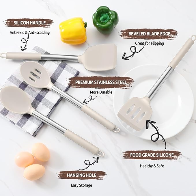 E-far Cooking Utensils Set of 4, Silicone Kitchen Utensils for Non-stick Cookware, Heat Resistant & Non-toxic Slotted Spatula Solid Spoon Turner for Flipping Mixing Serving Basting(Khaki) - Image 4