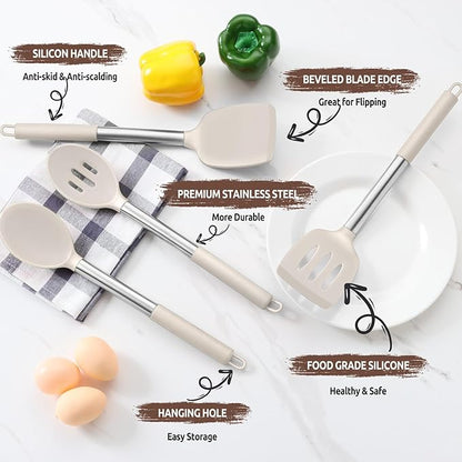 E-far Cooking Utensils Set of 4, Silicone Kitchen Utensils for Non-stick Cookware, Heat Resistant & Non-toxic Slotted Spatula Solid Spoon Turner for Flipping Mixing Serving Basting(Khaki) - Image 4