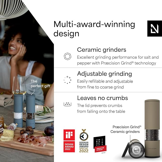 LARS NYSØM Salt and Pepper Grinder Set Manual, Stainless Steel Salt and Pepper Mills with Adjustable Ceramic Grinder I Design Spice Shakers (Taupe Brown) - Image 2