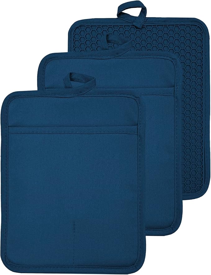 Oven Pot Holder with Pocket Cotton Heat Resistant Coaster Potholder Kitchen Hot Pad Oven Mitts for Cooking and Baking Square 7"x9" (Blue, Silicone) by VEIKERY