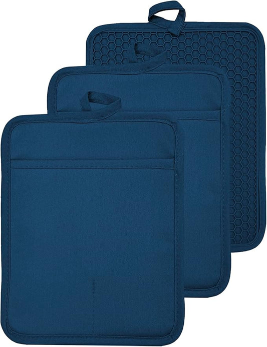Oven Pot Holder with Pocket Cotton Heat Resistant Coaster Potholder Kitchen Hot Pad Oven Mitts for Cooking and Baking Square 7"x9" (Blue, Silicone) by VEIKERY
