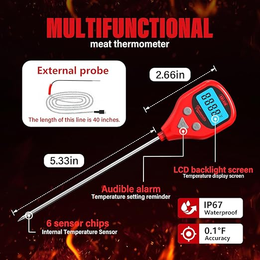 AWLKIM Digital Meat Thermometer with 40-Inch Leave-in External Probe, Rechargeable Instant Read Food Thermometer for Grill BBQ Smoker Oven Kitchen, IP67 Waterproof, Audible Alarm & Hold Function - Image 2