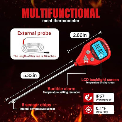 AWLKIM Digital Meat Thermometer with 40-Inch Leave-in External Probe, Rechargeable Instant Read Food Thermometer for Grill BBQ Smoker Oven Kitchen, IP67 Waterproof, Audible Alarm & Hold Function - Image 2