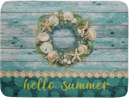 Hello Summer Dish Drying Mat for Kitchen Counter,Sea Shell Starfish Coastal Wreath Drying Mat 18 x 24 Inch with Absorbent Reversible Microfiber Drying Pad for Coffee Bar by Anyako