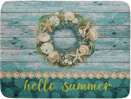Hello Summer Dish Drying Mat for Kitchen Counter,Sea Shell Starfish Coastal Wreath Drying Mat 18 x 24 Inch with Absorbent Reversible Microfiber Drying Pad for Coffee Bar by Anyako