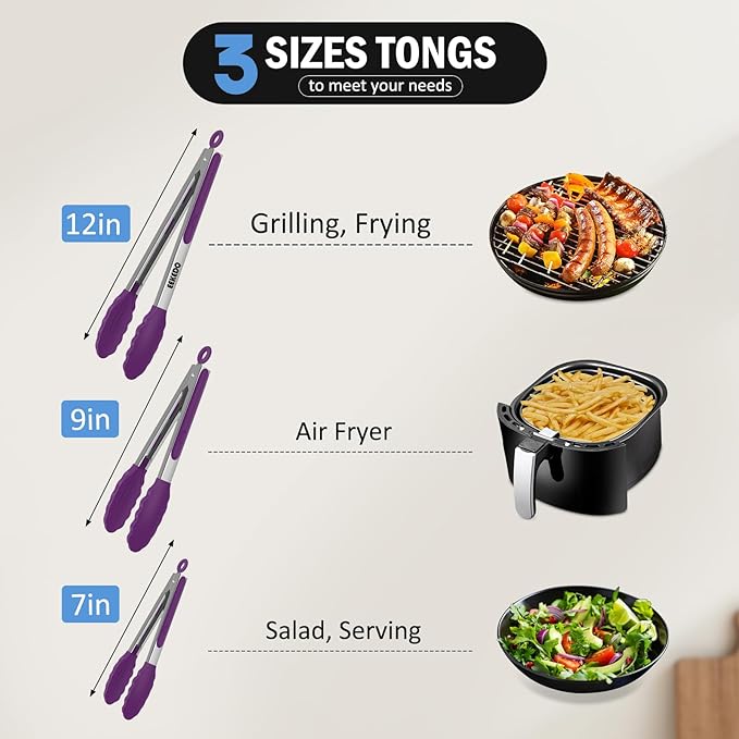 Kitchen Tongs, Stainless Steel Cooking Tongs with Silicone Tips, 600ºF High Heat-Resistant Non Scratch Locking Tongs for Cooking BBQ Grilling Air Fryer Pans, Set of 3 (7" 9" and 12") Purple - Image 2