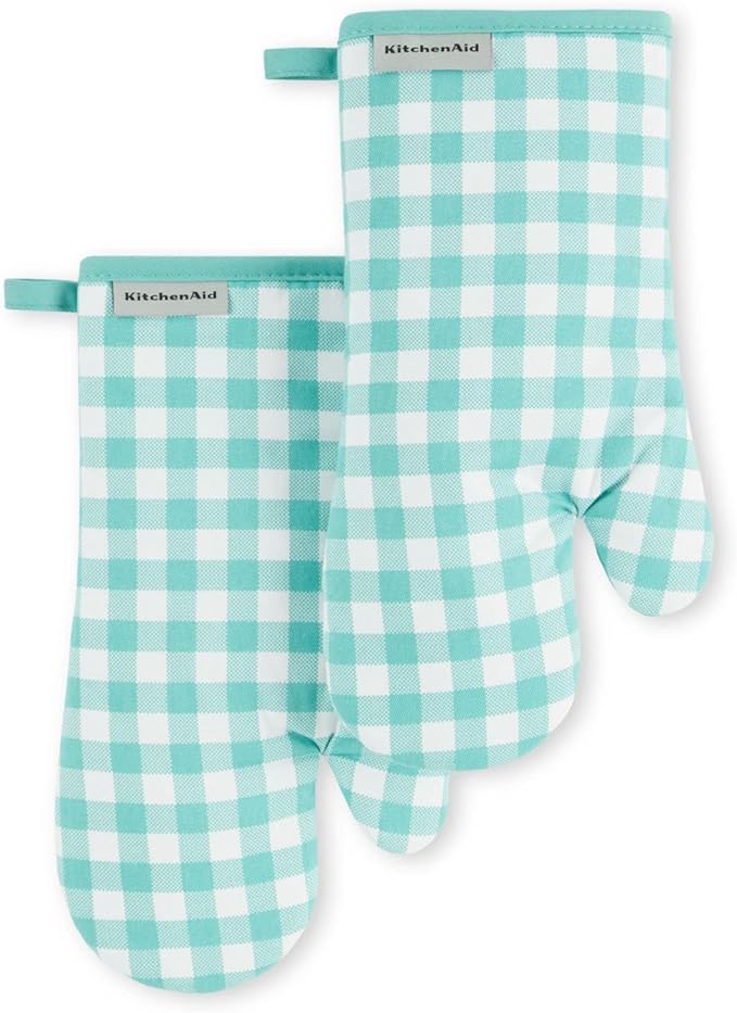 KitchenAid Gingham Oven Mitt 2-Pack Set, Aqua Sky, 7"x13" by KitchenAid