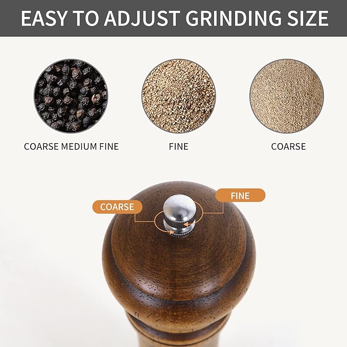1Pack Wood Pepper Grinder, XWXO 10 Inch Salt Mill Pepper Shaker, Pepper Mill with Adjustable Ceramic Rotor - Oak Wood Pepper Grinder for Your Kitchen - Image 6