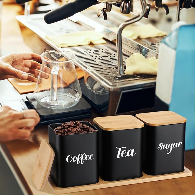 Tioncy Coffee Tea Sugar Container with Tray Set of 3 Airtight Metal Canister with Bamboo Lid Tray for Kitchen Counter Dining Room Farm House Kitchen Style Drink Station Organizer Set (Black) - Image 4