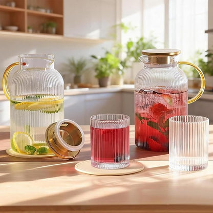 2 Pack Glass Pitcher with Handle and Lid, 68oz/ 2 Liter Classic Stripes Glass Water Pitcher with Handle for Fridge, Iced Tea, Coffee, Borosilicate Glass Carafe for Hot/Cold Brew Drink