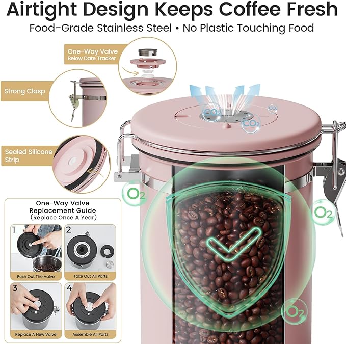Veken Coffee Canister with Window, Airtight Stainless Steel Kitchen Food Storage Container with Lids, Date Tracker and Scoop for Grounds Coffee, Beans, Tea, Flour, Cereal, Sugar Jars, 22OZ, Pink - Image 5