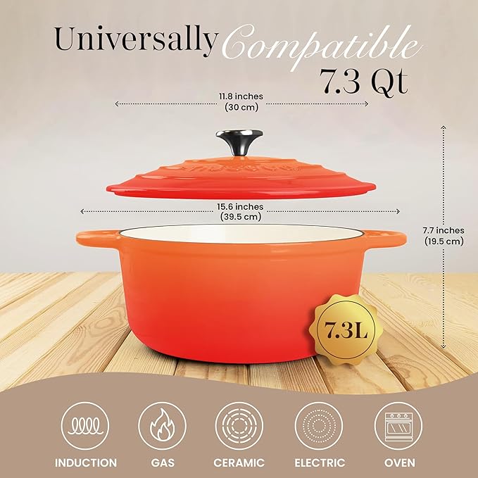Cast Iron Dutch Oven with Lid – Non-Stick Ovenproof Enamelled Casserole Pot – Sturdy Dutch Oven Cookware – Orange, 7.3-Quart, 30cm – by Nuovva - Image 2
