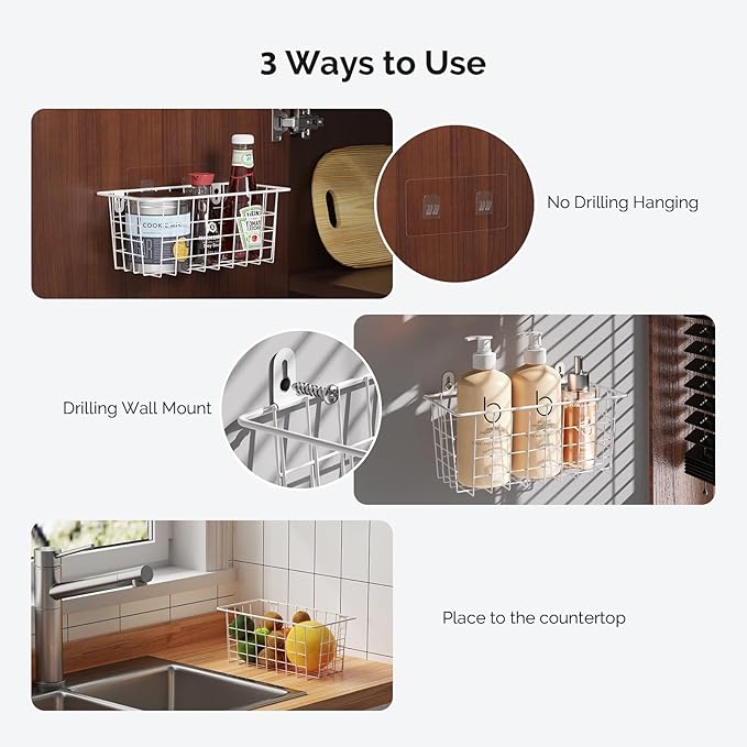 MaraFansie Hanging Wire Baskets Kitchen Storage Basket Adhesive and Screws Basket Over the Cabinet Door Organizer with Adhesive Strips and Screws Accessories, 2 Installations, 2 Pack, White - Image 2