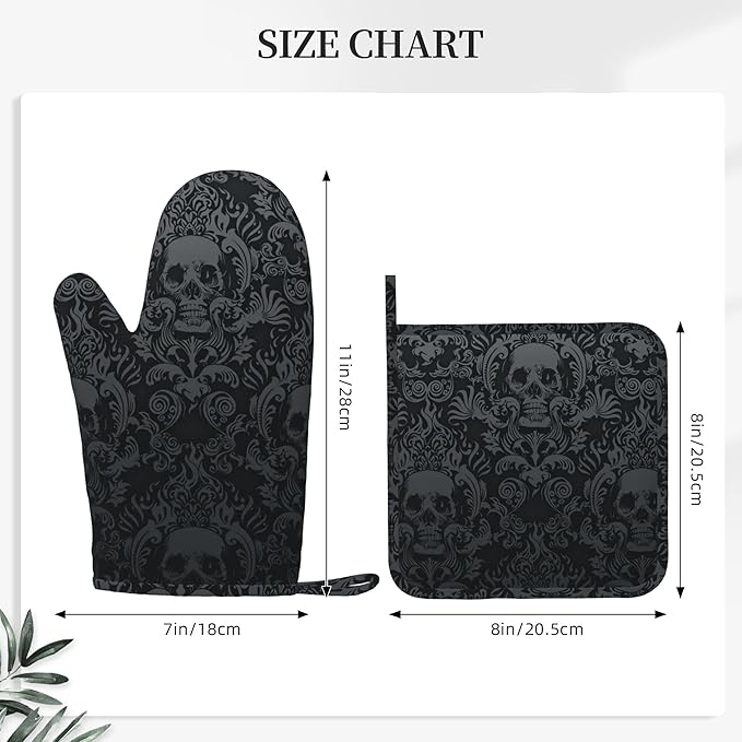 Gothic Skull Oven Mitts and Pot Holders Sets of 4,Resistant Hot Pads with Silicone Non-Slip BBQ Gloves for Kitchen,Cooking,Baking,Grilling
