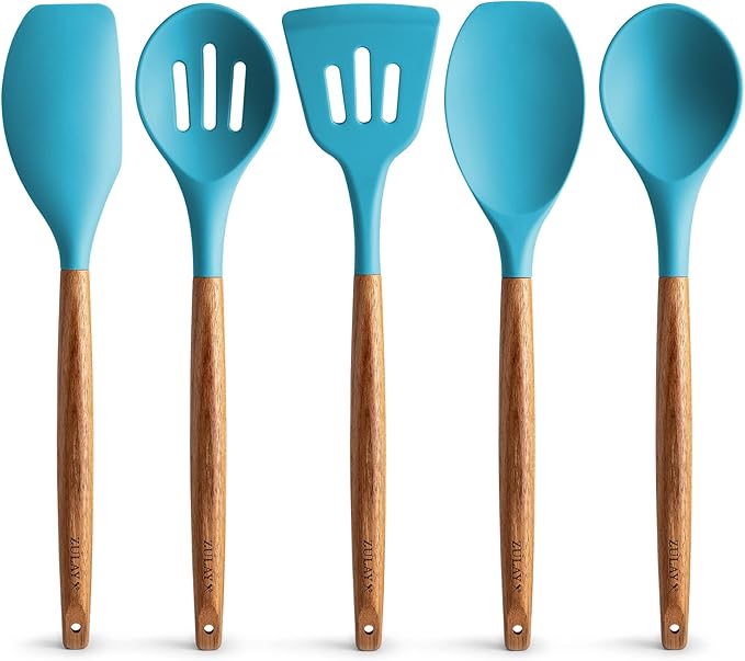 Zulay Kitchen Non-Stick Cooking Utensils Set with Authentic Acacia Wood Handles – 5-Piece Durable & Stylish Silicone Kitchen Utensils Set – Heat Resistant to 464°F – Blue by ZulayKitchen