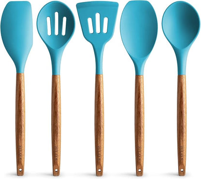 Zulay Kitchen Non-Stick Cooking Utensils Set with Authentic Acacia Wood Handles – 5-Piece Durable & Stylish Silicone Kitchen Utensils Set – Heat Resistant to 464°F – Blue by ZulayKitchen