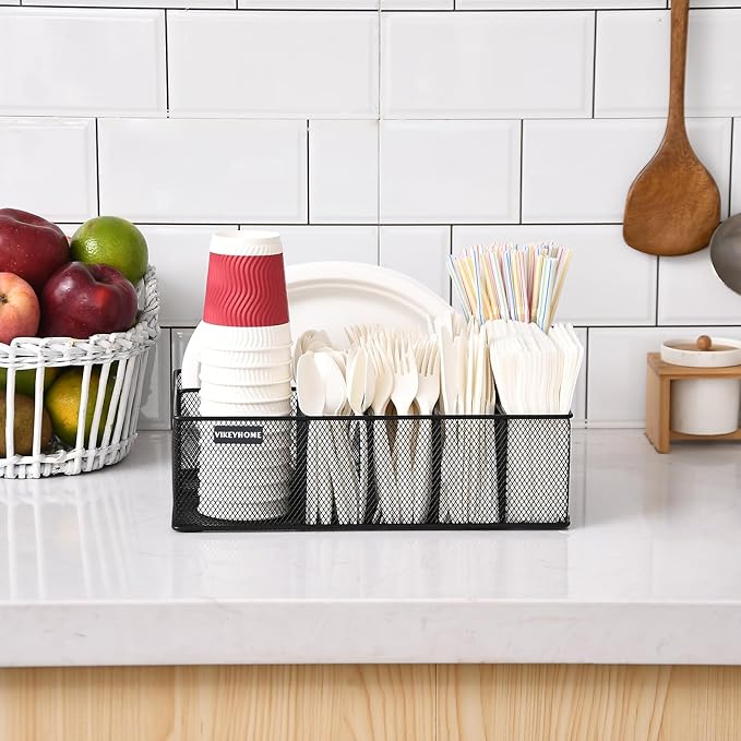 VIKEYHOME Paper Plate Organizer for Countertop, Metal Silverware Caddy with 6 Compartments for Cup, Napkin, Utensil Holder Caddy for Party, Camping, Picnic - Image 6