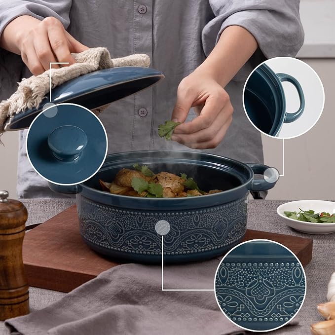 FUN ELEMENTS Lace Emboss Casserole Dish with Lid, 2 Quart Oven to Table Ceramic Round Serving Dish with Handles for Dinner and Party, Thanksgiving Christmas Gifts(Grayish Blue) - Image 3