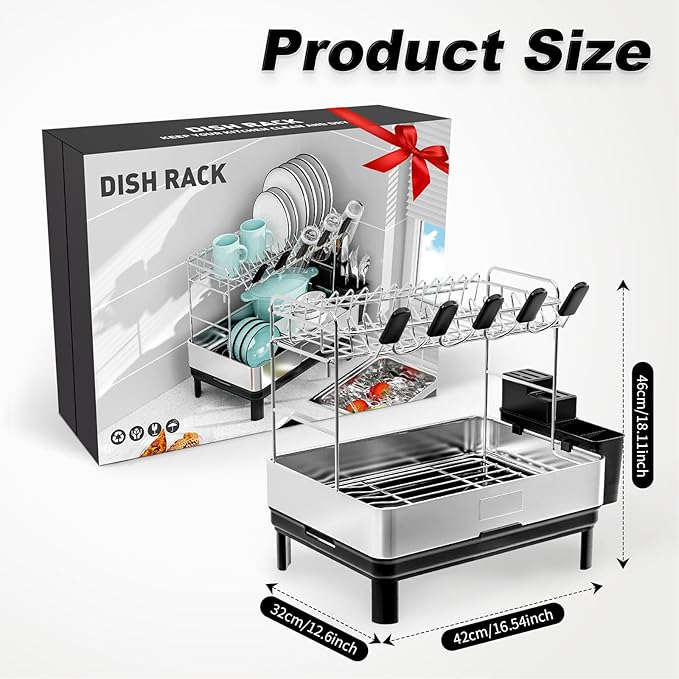 Ewaiira Dish Drying Rack, 2 Tier Large Dish Rack, Stainless Steel Dish Drainer for Kitchen Counter, Dishes Rack with Automatic Drainage, Utensil Holder,Cups Holder,Space Saving Kitchen Organizer,Black - Image 2