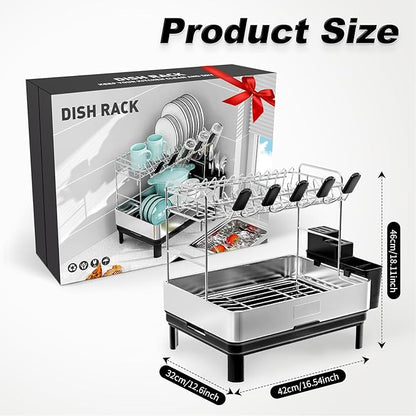 Ewaiira Dish Drying Rack, 2 Tier Large Dish Rack, Stainless Steel Dish Drainer for Kitchen Counter, Dishes Rack with Automatic Drainage, Utensil Holder,Cups Holder,Space Saving Kitchen Organizer,Black - Image 2