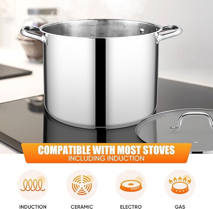 E-far 16 Quart Stainless Steel Stock Pot, Large Heavy Duty Induction Stockpot with Glass Lid for Cooking Soup Canning, Thick Tri-Ply Bottom & Riveted Handle, Compatible with All Stove, Dishwasher Safe - Image 5