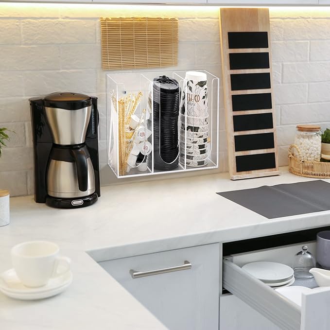 Acrylic Coffee Cup and Lid Storage Organizer, 3 Compartment Disposable Paper Cup Dispenser Organizer, Clear Plastic Cups and Lids Holder for Kitchen Coffee Bar Shop Party Supplies - Image 6