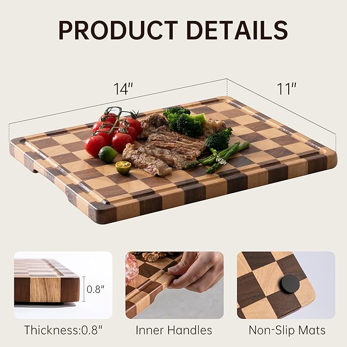 Checkerboard Cutting Boards for Kitchen, Acacia Wooden Cutting Board, End Grain Chopping Board with Juice Groove, Serving Tray for Meat, Vegetables, Fruits, Bread, Cheese, 14" X 11" X 0.8" - Image 3