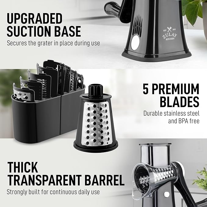 Zulay Kitchen Rotary Cheese Grater 5 Blade Cheese Shredder - Manual Hand Crank Cheese Grater With Reinforced Suction & 5 Interchangeable Drums - Easy to Use, Vegetable Chopper Round Mandoline Slicer - Image 7