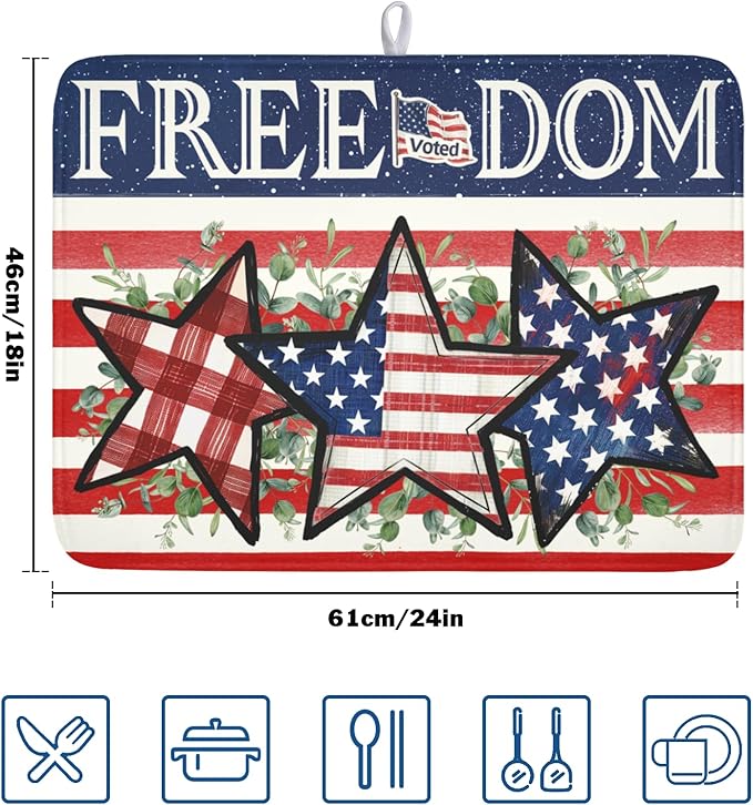 4th of July Dish Drying Mat 24x18 Inch, Patriotic Drying Mat with Absorbent Reversible Microfiber, Independence Day Dish Drainer Mats Memorial Day Rack Pad for Coffee Countertop Kitchen Protector