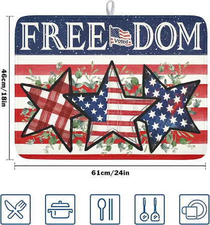 4th of July Dish Drying Mat 24x18 Inch, Patriotic Drying Mat with Absorbent Reversible Microfiber, Independence Day Dish Drainer Mats Memorial Day Rack Pad for Coffee Countertop Kitchen Protector