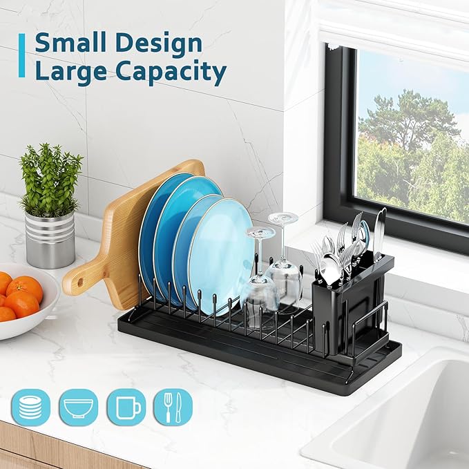ANTOPY Small Dish Drying Rack - Compact Dish Rack for Kitchen Counter with Silicone Dish Drying Mat, Stainless Steel Dish Drainer for Kitchen Sink Cabinet, Space Saving Plate Rack Cutlery Holder - Image 2