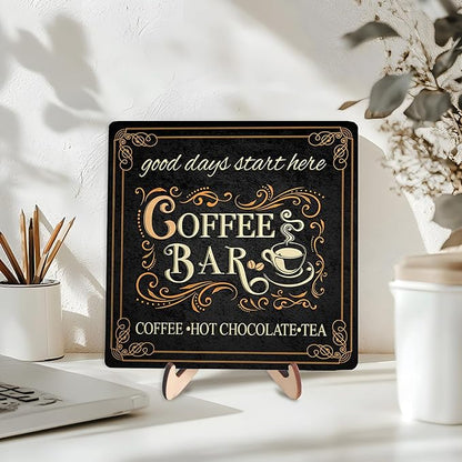 Vintage Coffee Bar Decor Sign,Rustic Wooden Plaque for Java Station, Kitchen,Cafe or Tea Corner, Funny Jave Gift for Coffee Lovers (Black, 5.9x5.9inches) - Image 3