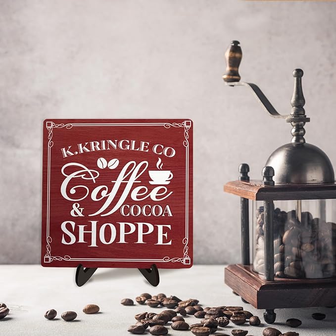 Kringle Coffee & Cocoa Shoppe Sign – 5.9 x 5.9 Inch Wooden Christmas Decor Plaque with Stand, Vintage Holiday Coffee Bar Sign for Kitchen, Cocoa Station, Hot Drink Corner (Red) - Image 6