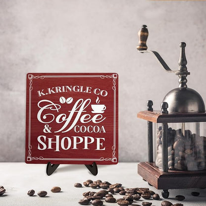 Kringle Coffee & Cocoa Shoppe Sign – 5.9 x 5.9 Inch Wooden Christmas Decor Plaque with Stand, Vintage Holiday Coffee Bar Sign for Kitchen, Cocoa Station, Hot Drink Corner (Red) - Image 6