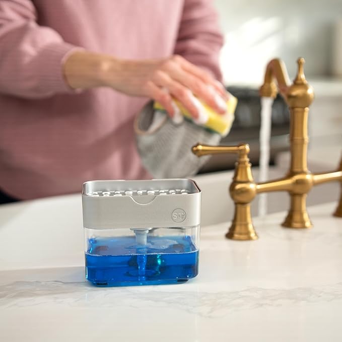 S&T INC. Dish Soap Dispenser and Sponge Holder for Kitchen Sink with Enhanced Features, Sponge Included, 13 Ounces, Silver - Image 4