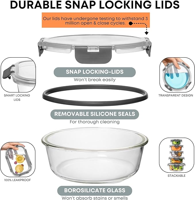 Razab 30 PC Glass Food Storage Containers with Lids - Reusable Glass Meal Prep Containers for Lunch & Leftovers - Airtight & Leakproof Snap Locking Lids - Oven, Freezer, Microwave & Dishwasher Safe - Image 3