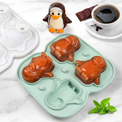 Penguin Ice Cube Mold, Fun Shapes Ice Cube Tray, Make 4 Cute Penguin Ice Balls for Drinks Cocktails Iced Coffee, Silicone Ice Mold Chocolate Mold with Funnel-type Lid, Green