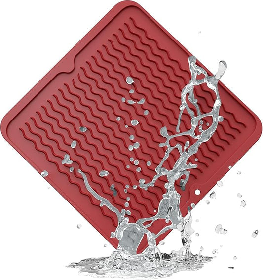 ZLR Silicone Dish Drying Mat 12" x 12" Square - Small Heat Resistant Trivet & Countertop Protector for Air Fryer, Coffee Maker - Waterproof Kitchen Drain Pad for Cups, Fruit (Lava Red) by ZLR