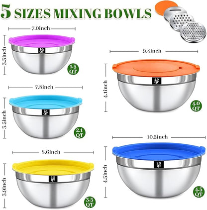 8PCS Mixing Bowls with Lids Set - 5 Nesting Mixing Bowls, 3 Grater Attachments, Lids, Stainless Steel Mixing Bowls for Mixing & Serving, Size 1.5/2.1/3.5/4/4.5 QT, Colorful - Image 2