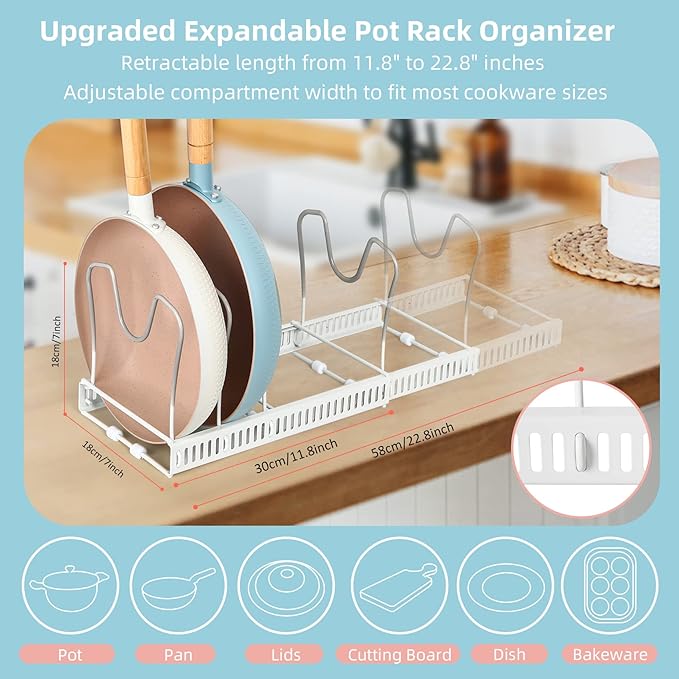 ROOHUA Pot Rack Organizer -Expandable Pot and Pan Organizer for Cabinet,Pot Lid Organizer Holder with 10 Adjustable Compartment for Kitchen Cabinet Cookware Baking Frying Rack - Image 2