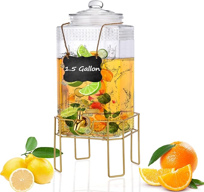Drink Dispensers for Parties,1.5 Gallon Drink Dispenser,Beverage Dispenser with Stand,Glass Lid and Stainless Steel Spigot Leak-proof, Ideal for Lemonade,Juice, Tea, and Party Drinks by FUREEY