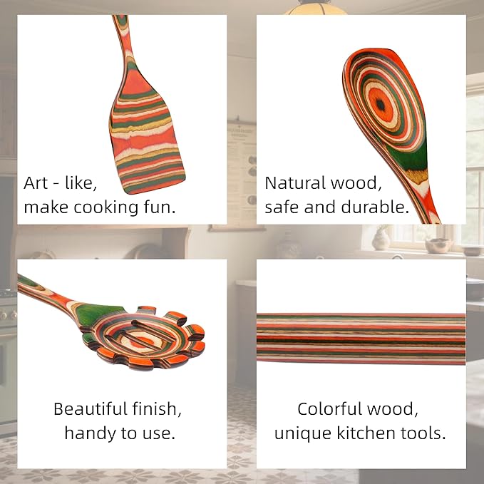 7-Pcs Kitchen Utensils Set –Pakkawood Wooden Spoons for Cooking, Heat-Resistant Wooden Utensil Set,，Non-Stick Spoon，Apartment Essentials Home & Kitchen Gift