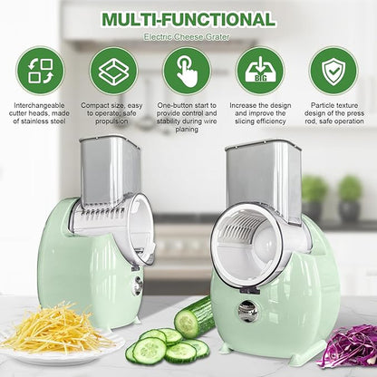 Electric Cheese Grater for Block Cheese - 3 in 1 Rotary Cheese Grater Electric Rotary Grater Salad Shooter Electric Slicer for Cheeses, Fruits, Vegetables and Nuts (Green, L)