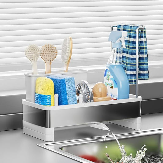 Ewaiira Stainless Steel Sink Caddy, Sponge Holder for Kitchen Sink with Brush Holder & Dishcloth Rack, Rustproof Organizer Countertop, Soap Dispenser Kitchen Organizers Storage Essentials, White 9.8″ by EwaiiraHomeStorageOrganizer